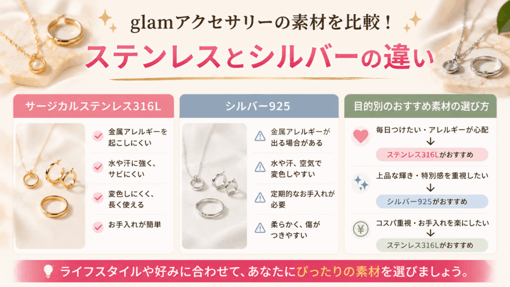 glamアクセサリーの素材を比較|ステンレスとシルバーの違い