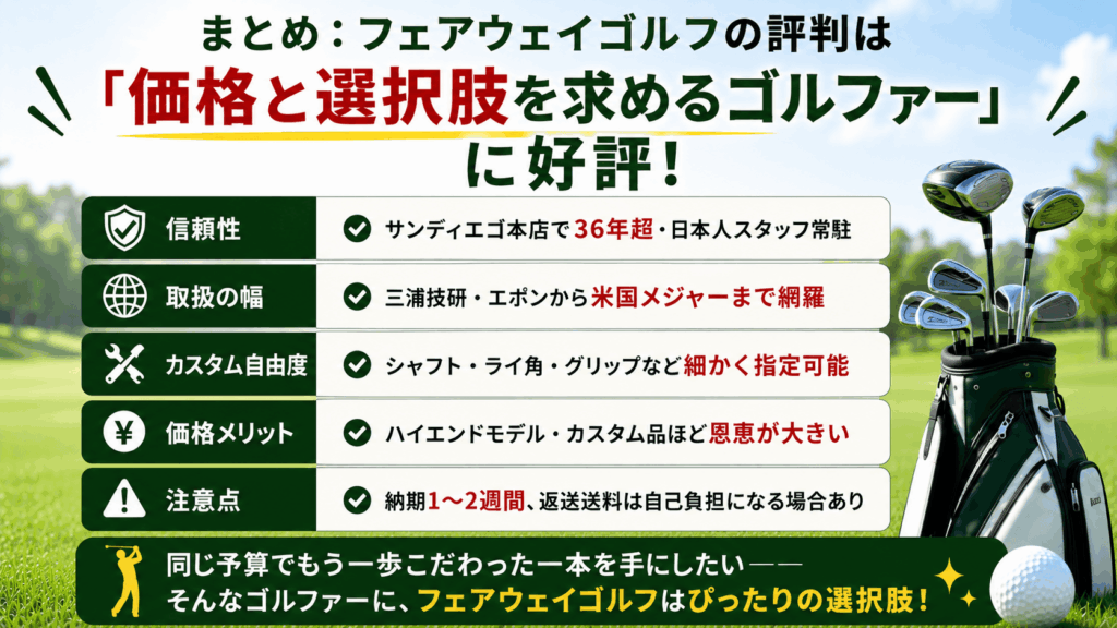 まとめ：フェアウェイゴルフの評判は「価格と選択肢を求めるゴルファー」に好評