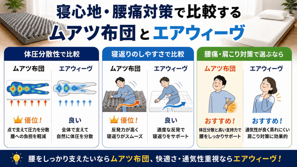 寝心地・腰痛対策で比較するムアツ布団とエアウィーヴ